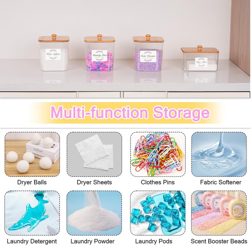 efluky 4 Pack Laundry Pods Container & Dryer Sheet Holder Set,Clear Laundry Room Organization Containers with Bamboo Lids and Labels,Laundry Pods Holder for Scent Booster,Powder,Pod - Image 5